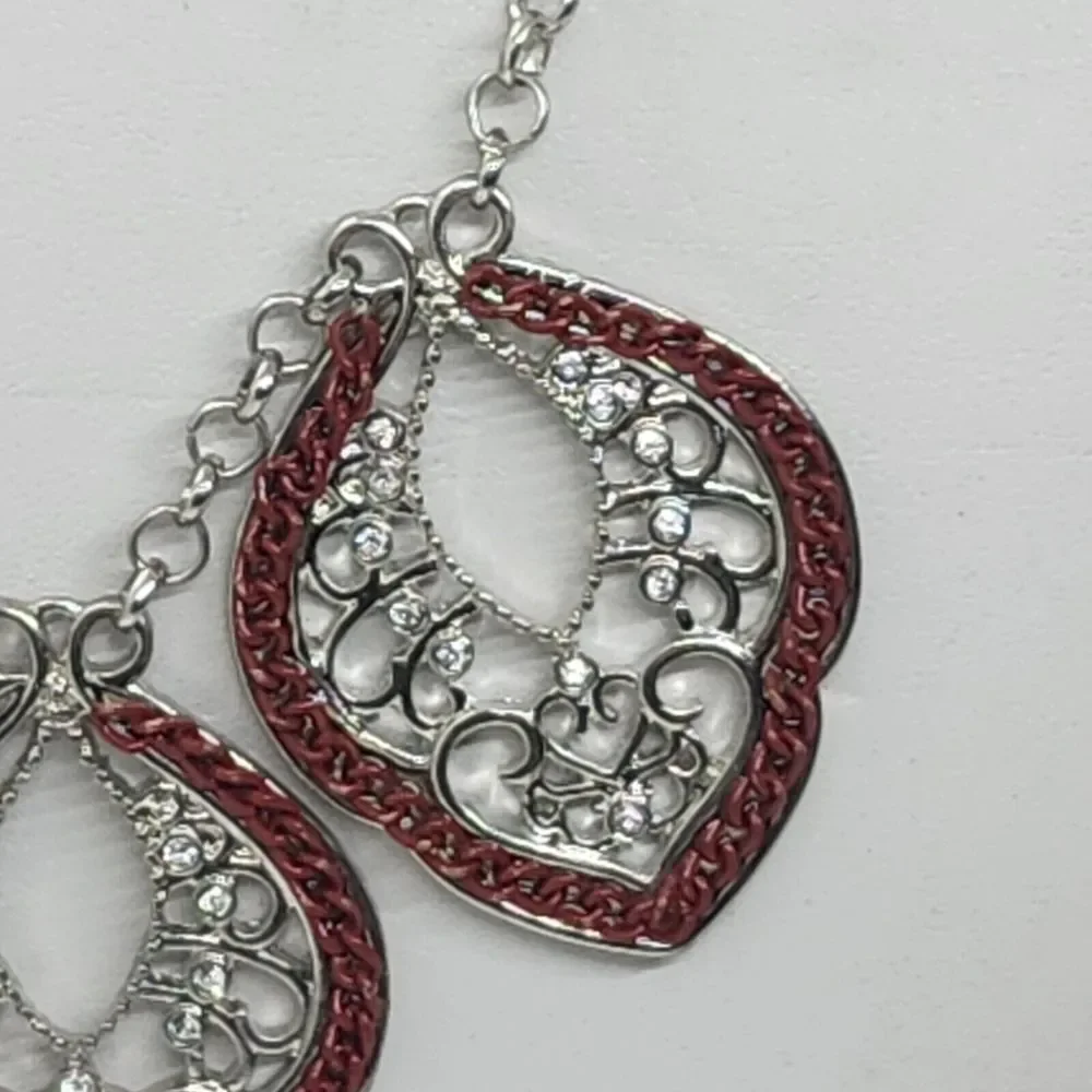 Silver Tone And Red Open Work Filigree Style‎ Necklace